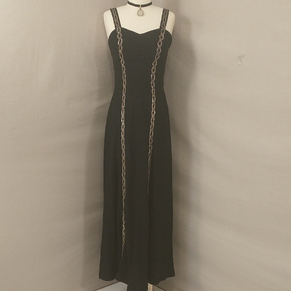 Forties Vintage Black Crepe Dress Smokey Sequin Trim Slinky Feminine Fit 2 See#s